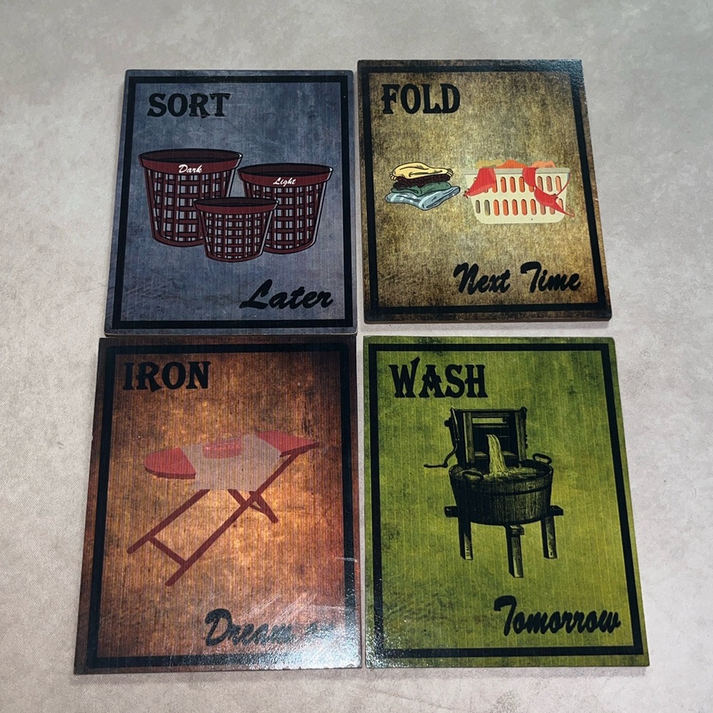 Laundry Chore Wall Art Decor Set - Sort Fold Iron Wash
